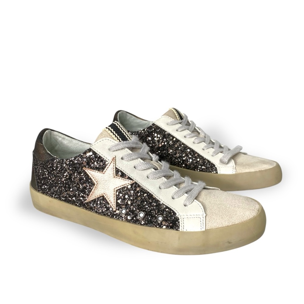 SHU SHOP PAMELA Gold Black Glitter Casual Star Sneakers Womens 8 - Picture 2 of 11